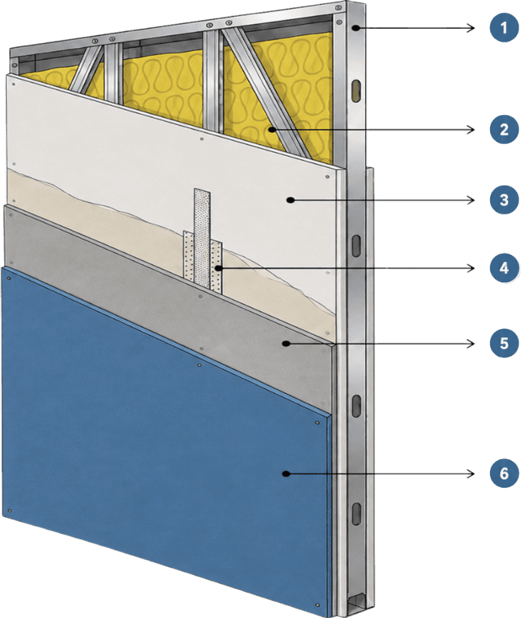 Diagrama técnico das camadas da parede em steel frame, numerado de 1 a 6: frame de aço galvanizado, isolamento termoacústico, gesso acartonado ou placa cimentícia, fita de juntas, massa niveladora e revestimento externo
